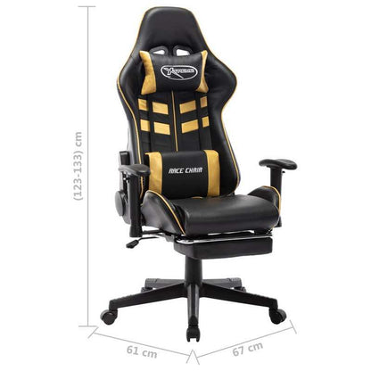 Gaming chair with footrest, black faux leather and gold-colored gaming PC