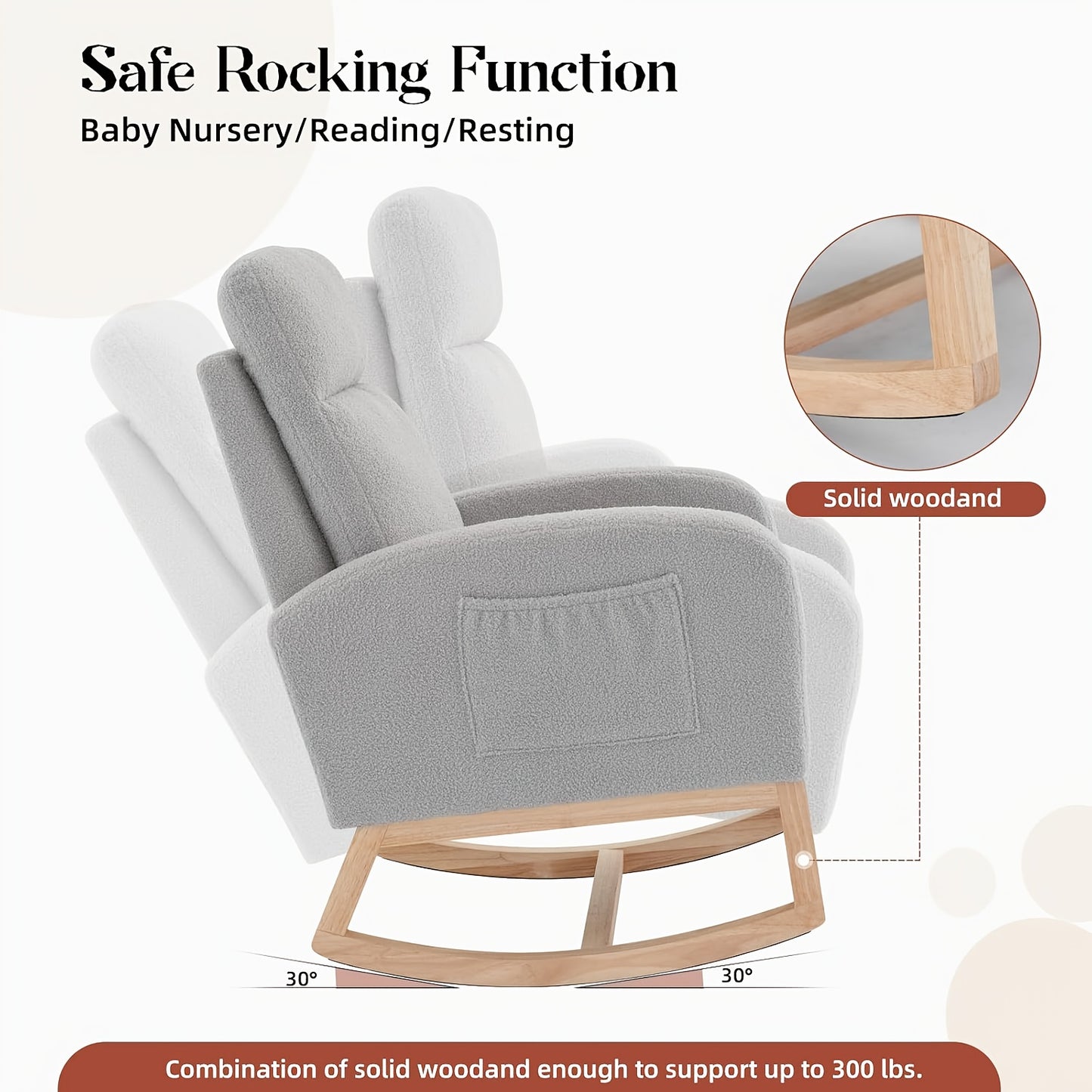 Schommelstoel Grijs – Schommelstoel Babykamer – Lounge Stoel Woonkamer – Relaxstoel Slaapkamer – Accentstoel Met Opbergtas – Stevig Rubberhout Frame – Ademend Linnen Bekleding
