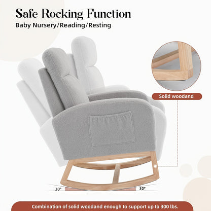 Schommelstoel Grijs – Schommelstoel Babykamer – Lounge Stoel Woonkamer – Relaxstoel Slaapkamer – Accentstoel Met Opbergtas – Stevig Rubberhout Frame – Ademend Linnen Bekleding