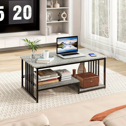 Grijze Marmeren Salontafel – Koffietafel – Bijzettafel – Woonkamertafel – Tafel Met Opbergruimte – Zwart Metalen Onderstel – Tweelaags Ontwerp – Stevig En Duurzaam