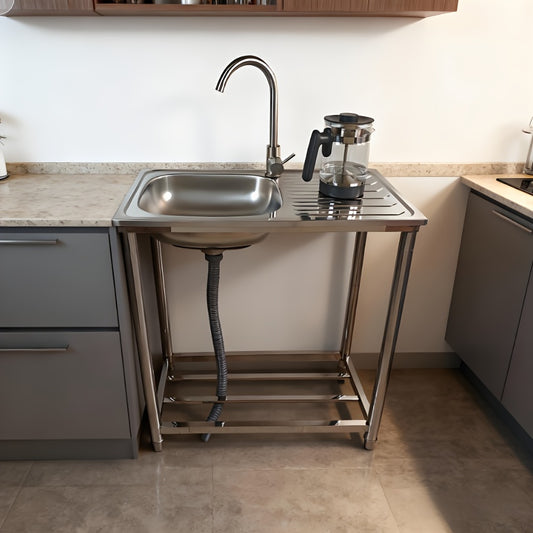 RVS Spoelbak – Wasbak – Inloopbak – Werkbank – Vaatbak – Freestanding Industriële Spoelbak – Verstelbare Pootjes – R-Vormige Afvoer Met Filter – 75 x 40 cm – Roestvrij Staal