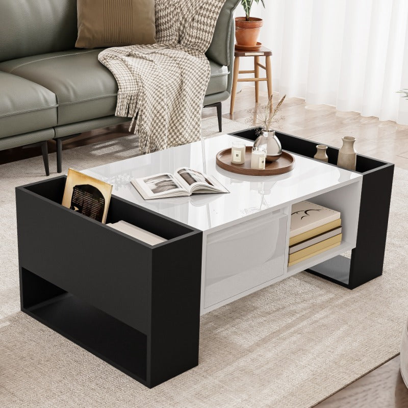 Salontafel – Koffietafel – Woonkamertafel – Tafeltje – Bijzettafel – Modern Design – Hoogglans Zwart – Metaal – Opberglade – 105x60x40,5 cm