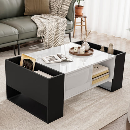 Salontafel – Koffietafel – Woonkamertafel – Tafeltje – Bijzettafel – Modern Design – Hoogglans Zwart – Metaal – Opberglade – 105x60x40,5 cm
