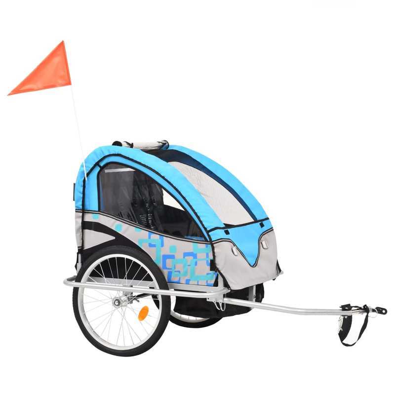 2-in-1 Fietskar en Wandelwagen – Fietsaanhanger – Buggy – Kinderkar – Wandelwagen – Blauw en Grijs – Veiligheidsharnas – Eenvoudig Om te Bouwen