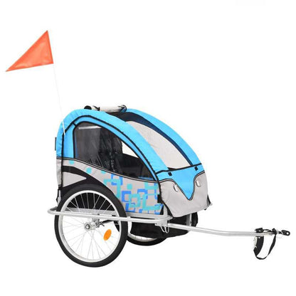 2-in-1 Fietskar en Wandelwagen – Fietsaanhanger – Buggy – Kinderkar – Wandelwagen – Blauw en Grijs – Veiligheidsharnas – Eenvoudig Om te Bouwen