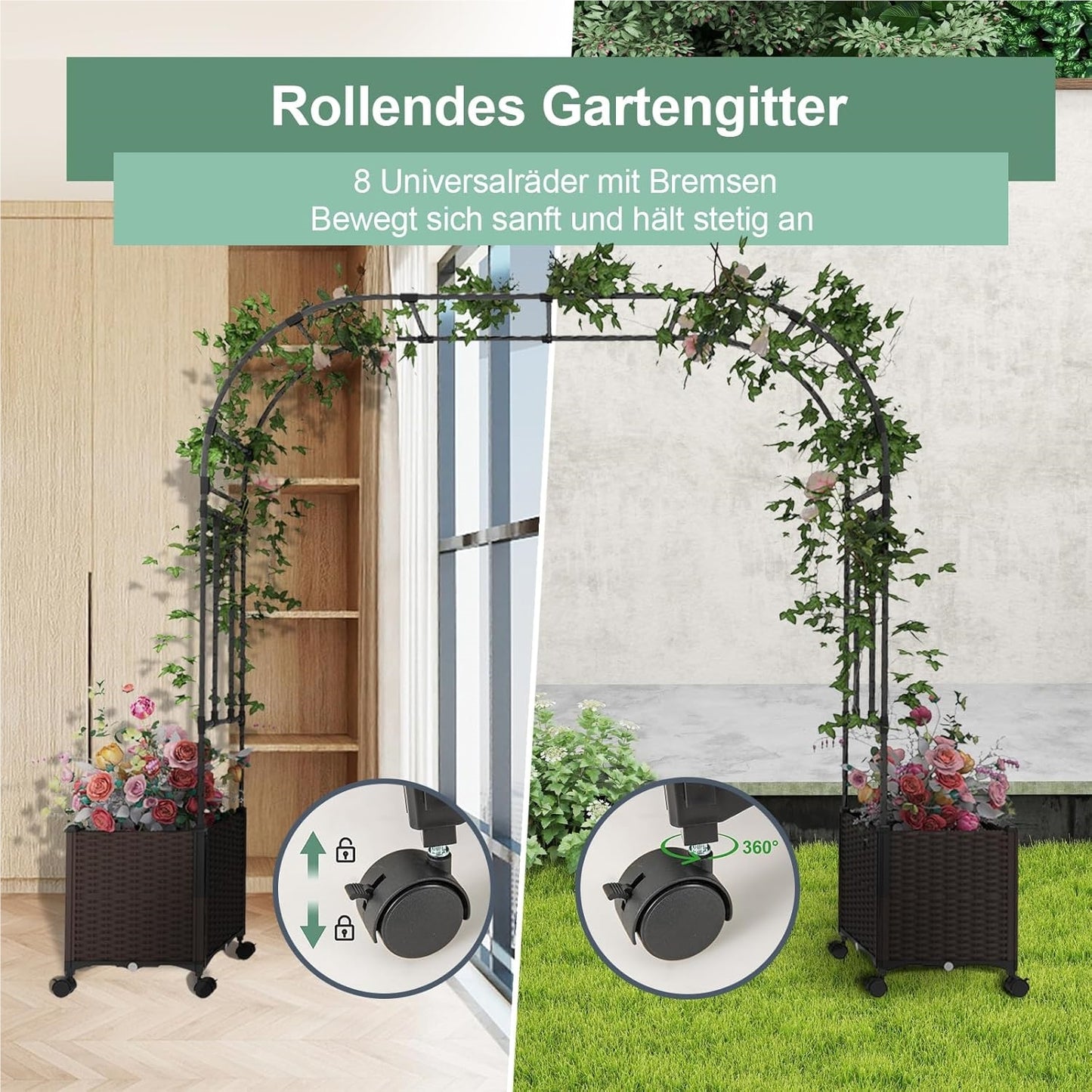 Tuinboog 2-in-1 – Rozenboog – Klimrek – Klimplantboog – Archeon – Met Bloembakken Op Wielen – Met Drainagegaten – 288 cm Hoog – Zwart Metaal en PP