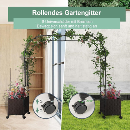 Tuinboog 2-in-1 – Rozenboog – Klimrek – Klimplantboog – Archeon – Met Bloembakken Op Wielen – Met Drainagegaten – 288 cm Hoog – Zwart Metaal en PP