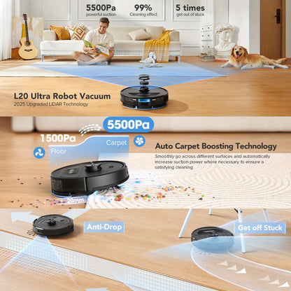 Robotstofzuiger – Robotstofzuiger met Dweilfunctie – Dweilrobot – Stofzuigrobot – Automatische Stofzuiger – Zelflegebasis 2,5L – 5500Pa Zuigkracht & 150 Minuten Reiniging