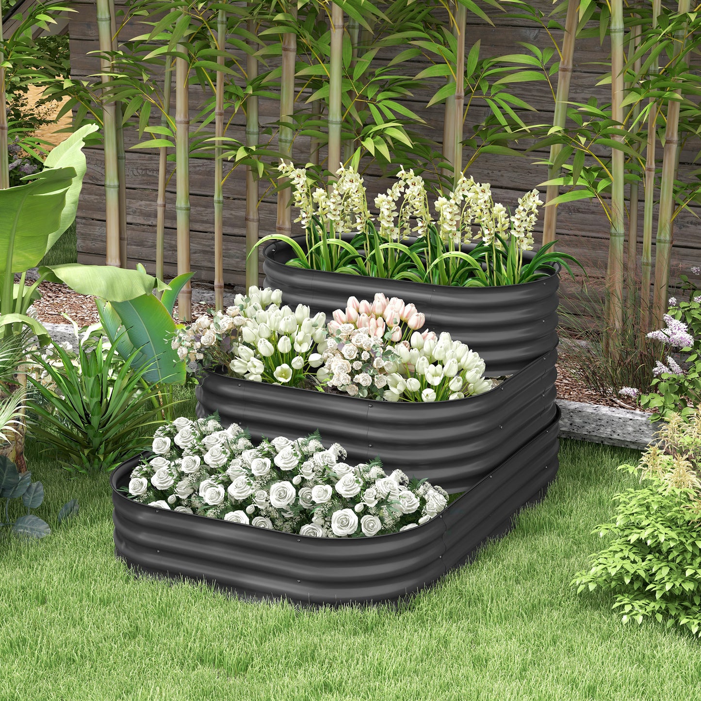 Hoogte Tuinbak – Plantenbak – Balkontuinbak – Kruidenbak – Bloembak – 3 Niveau’s – Stalen Open Bodem – Donkergrijs – 158x109x82 cm