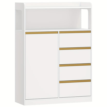 Badkamerkast – Badkamermeubel – Opbergkast – Kolomkast – Wastafelonderkast – 4 Laden & Open Vak – Verstelbare Planken – Wit 110x80x30 cm – Stevig Spaanplaat – Anti-Kantel Veiligheid