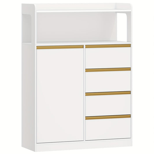 Badkamerkast – Badkamermeubel – Opbergkast – Kolomkast – Wastafelonderkast – 4 Laden & Open Vak – Verstelbare Planken – Wit 110x80x30 cm – Stevig Spaanplaat – Anti-Kantel Veiligheid