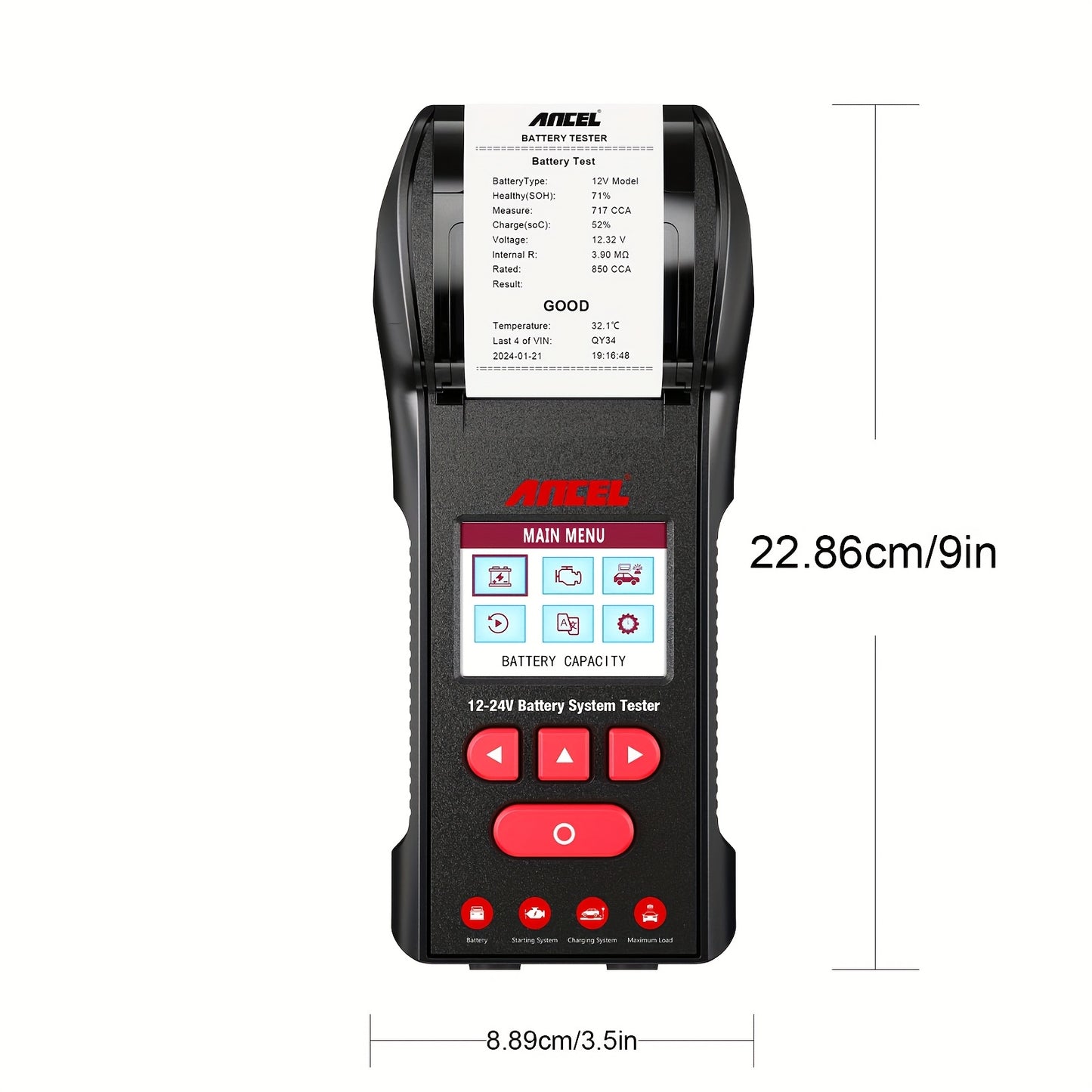 Batterijtester – Accutester – Accutestapparaat – Auto Accumeter – Accu Diagnose – 12V en 24V Batterijen – Ingebouwde Printer voor Directe Afdrukken