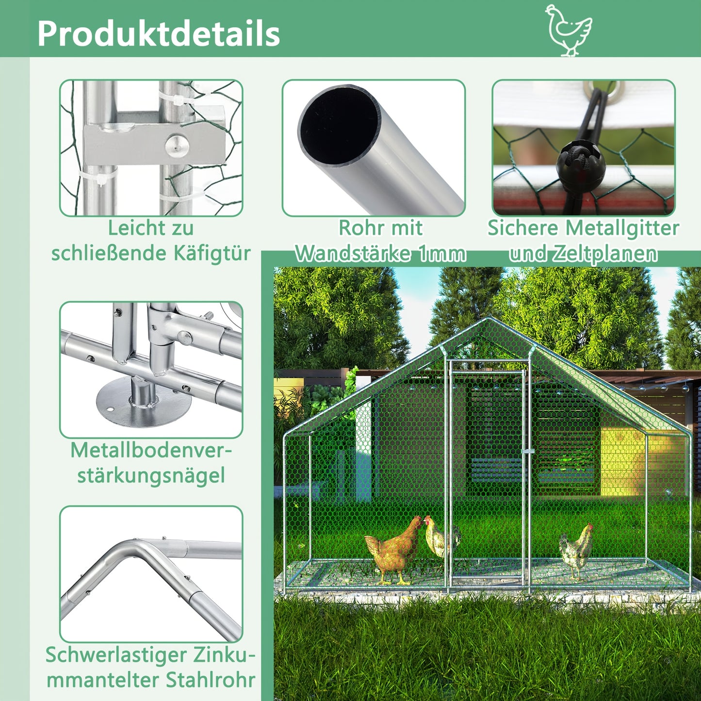 Kippenren – Hokken – Kooien – Buitenruimte – Ren Voor Dieren – 3x2x2 m – Waterdichte PE Stof – Stabiel Metaalframe Met Veiligheidsluiting