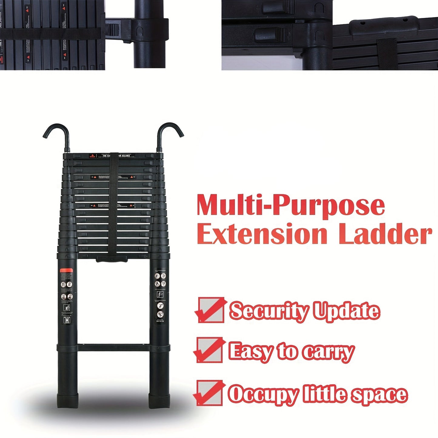 Uitklapladder – Vouwladder – Uitschuifladder – Telescopische Ladder – Trapladder – 6,2 Meter – Aluminium – Afneembare Haak – Max. Draagvermogen 150 kg – Antislipvoeten