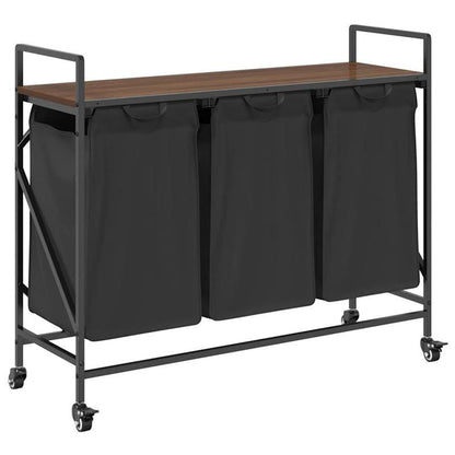Wasmand – Wassorteerder – Wasbox – Opbergmand – Wasbak – 3 Vakken – Wieltjes – Stevig Bruin Eikenhout Frame – Duurzame Stof