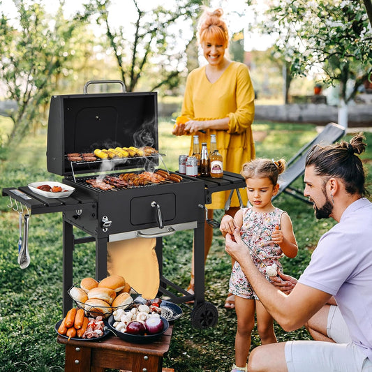 Houtskoolbarbecue – BBQ Grill – Barbecue Set – Buitenbarbecue – Tuinbarbecue – 2 Inklapbare Zijtafels – 8 Haken & Opbergplank – Mobiel met 2 Wielen