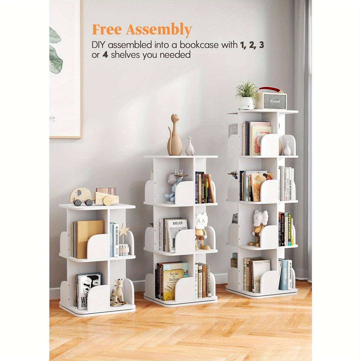 Boekenrek – Boekenkast – Boekenplank – Wandrek – Hoekboekenkast – Draaibaar 360° – 4 Planken – Wit 40x40x128,5 cm