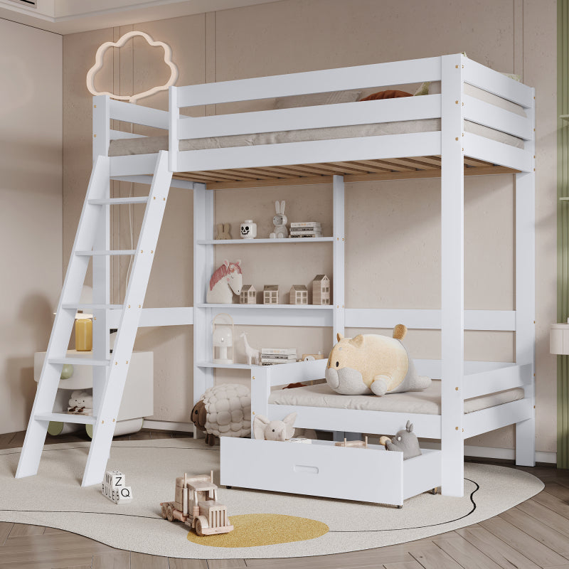 Hoogslaper – Kinderbed – Eenpersoonsbed – Halfhoogslaper – Stapelbed – Wit – 90x200 cm – Ruimtebesparend Met Sofa En Lade – Stevig Massief Houten Frame