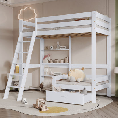 Hoogslaper – Kinderbed – Eenpersoonsbed – Halfhoogslaper – Stapelbed – Wit – 90x200 cm – Ruimtebesparend Met Sofa En Lade – Stevig Massief Houten Frame