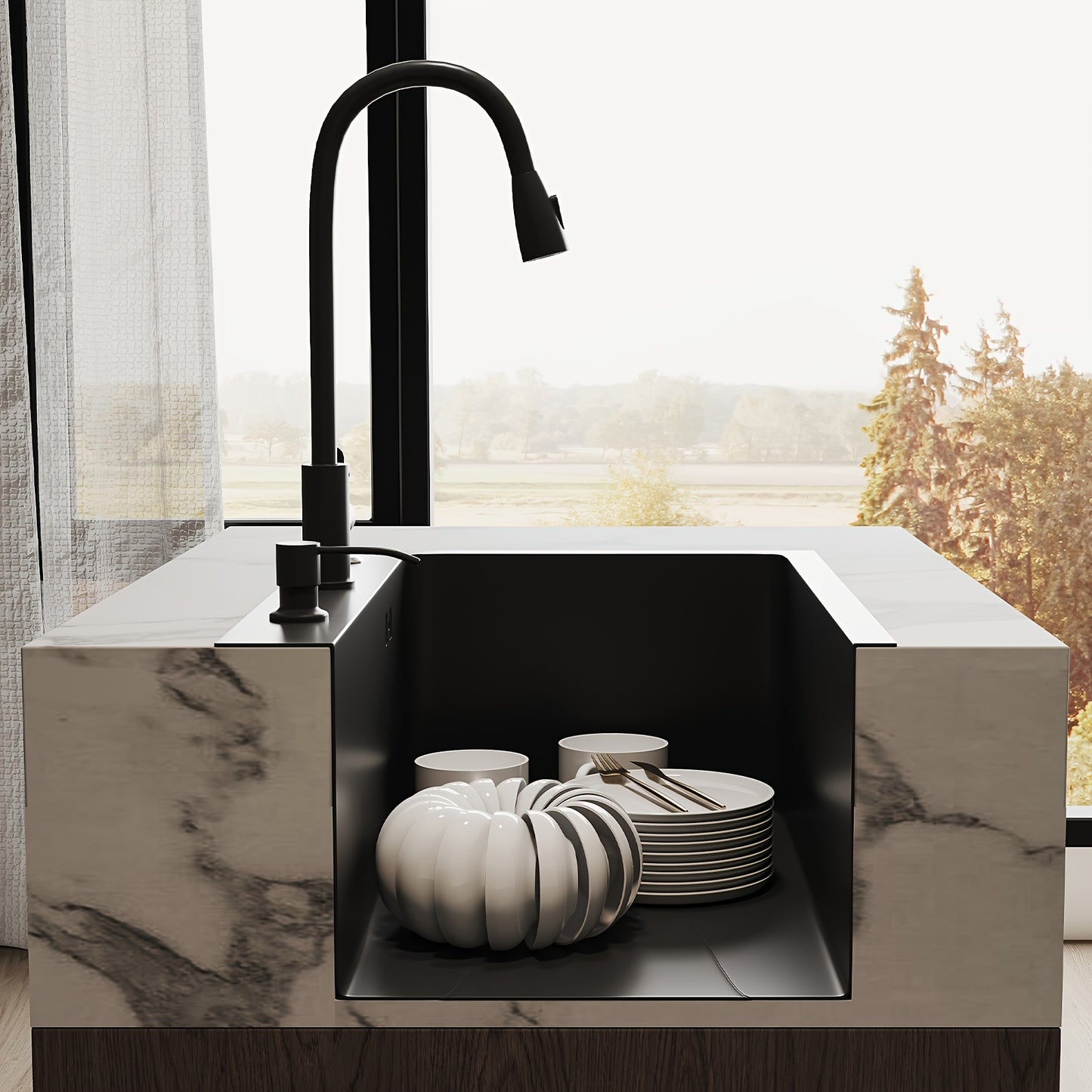 Matte Zwarte Spoeltafelset – Spoelbak – Keukenkraan – Uittrekbare Kraan – Zeeppomp – X-Flow Afvoer – Krasbestendig Composiet – Gereedschapsloze Installatie