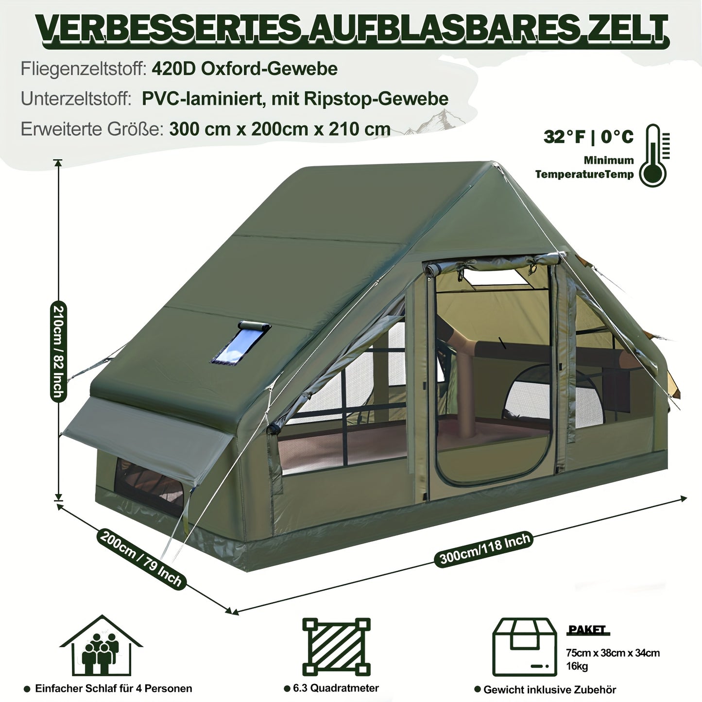 Opblaasbare Tent – Kampeertent – Familietent – Glamping Tent – Tunneltent – Ruim 4-8 Personen – Stevig Oxford 420D Materiaal