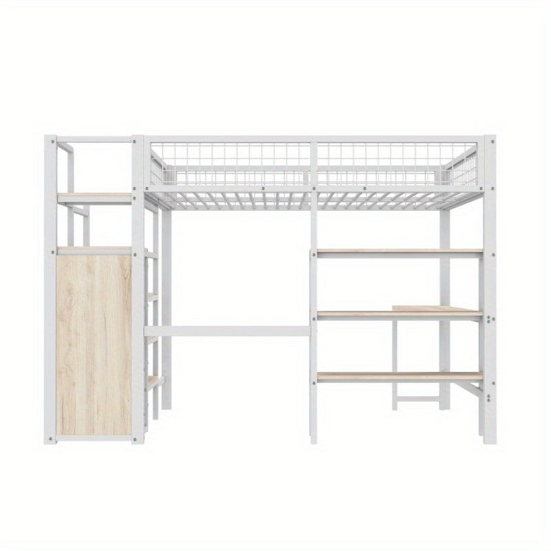 Metalen Halfhoogslaper – Hoogslaper Met Bureau – Bed Met Opbergruimte – Slaapbank – Kinderbed – Stevige Constructie – 140x200 cm
