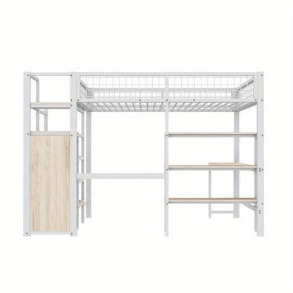 Metalen Halfhoogslaper – Hoogslaper Met Bureau – Bed Met Opbergruimte – Slaapbank – Kinderbed – Stevige Constructie – 140x200 cm