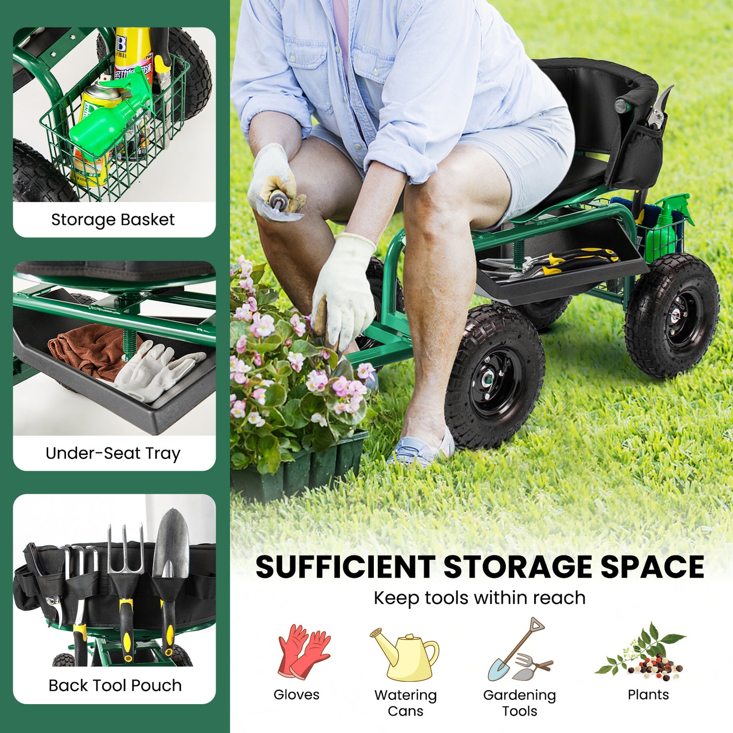 Tuinwagen – Tuinkar – Tuintrolley – Tuinwagen Met Zit – Tuinkar Met Opbergruimte – Verstelbaar 360° Draaibaar Zitje – 26 cm Antislipwielen