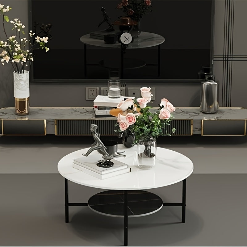 Salontafel – Bijzettafel – Woonkamertafel – Koffietafel – Accenttafel – Rond Design – Sintersteen Tafelblad – Zwart Metalen Frame – 2-Niveaus Opbergplank