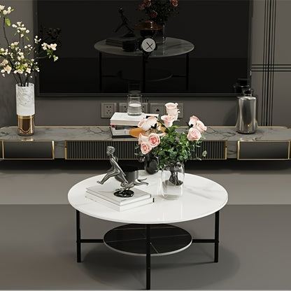 Salontafel – Bijzettafel – Woonkamertafel – Koffietafel – Accenttafel – Rond Design – Sintersteen Tafelblad – Zwart Metalen Frame – 2-Niveaus Opbergplank