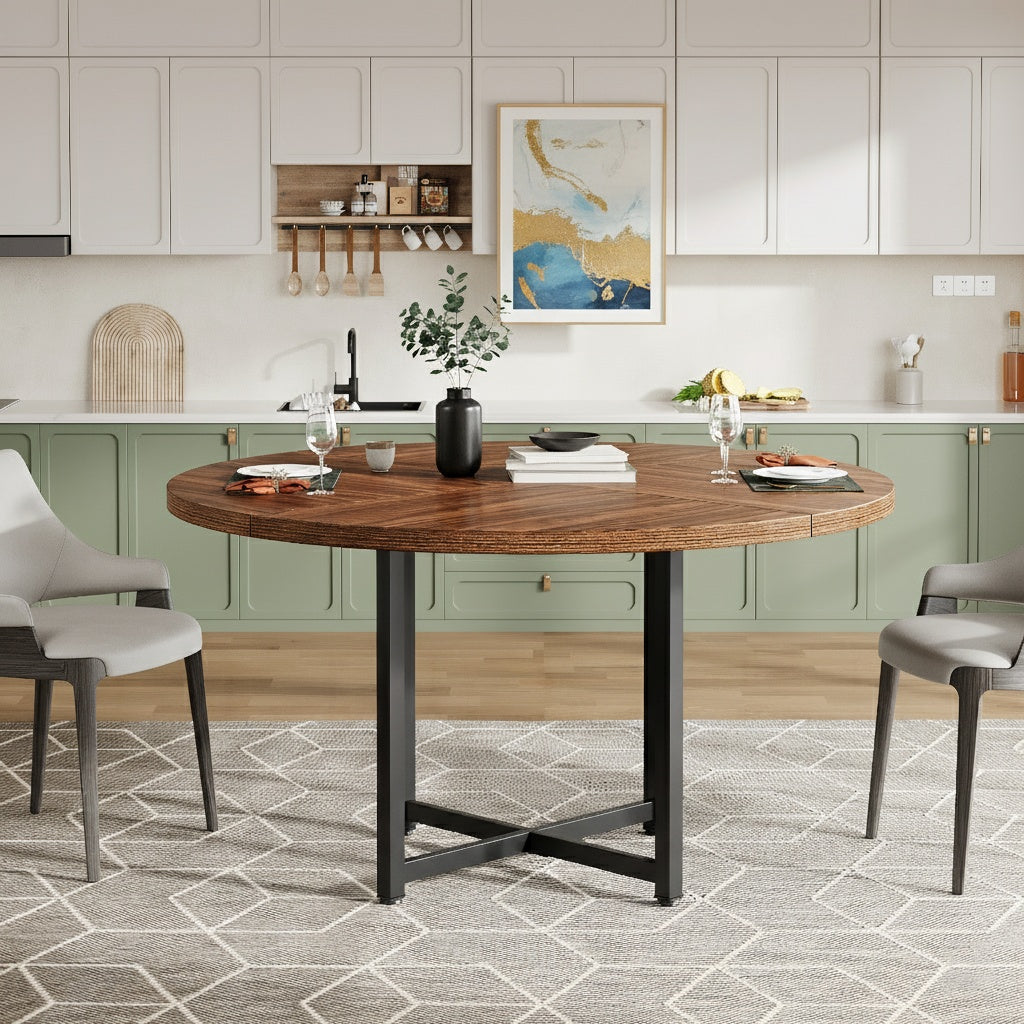 Eettafel – Ronde Tafel – Keukentafel – Dinertafel – Bistrotafel – 120 cm Diameter – Metalen X-Poot – Krasbestendig Blad – Uitbreekbaar – Voor 4-6 Personen