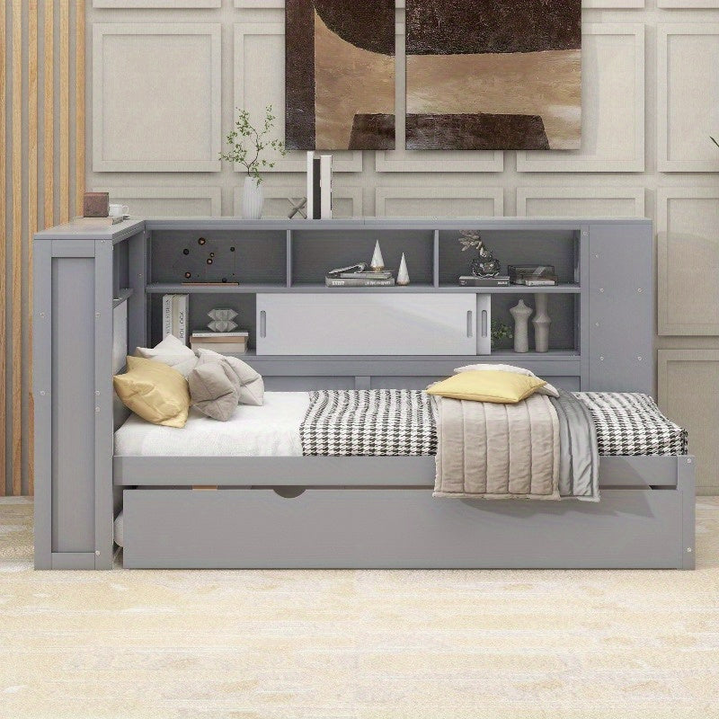 Daybed Grijs – Bedbank – Slaapbank – Logeerbed – Kinderbed – Met Uitschuifbaar Bed – Opbergruimte – 90x200 & 90x190 cm – Zonder Matras