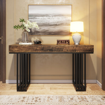 Consoletafel – Haltafel – Entreetafel – Foyertafel – Gangtafel – Modern Metaal Frame – Bruine Houtstructuur – Compact 80 cm Diameter