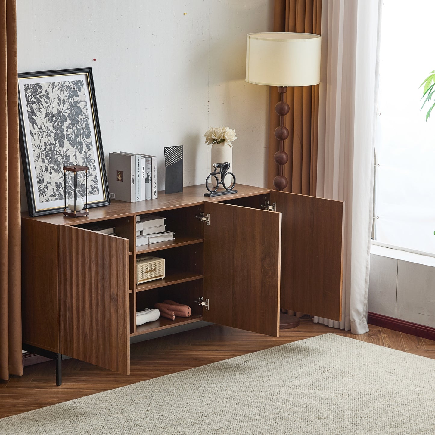 Sideboard – Dressoir – Opbergkast – Buffetkast – Kast – Donker Geoliede Houtkleur – 150x40x80 cm – Uniek 3D Golfpatroon – Verstelbare Planken en Kantelbeveiliging