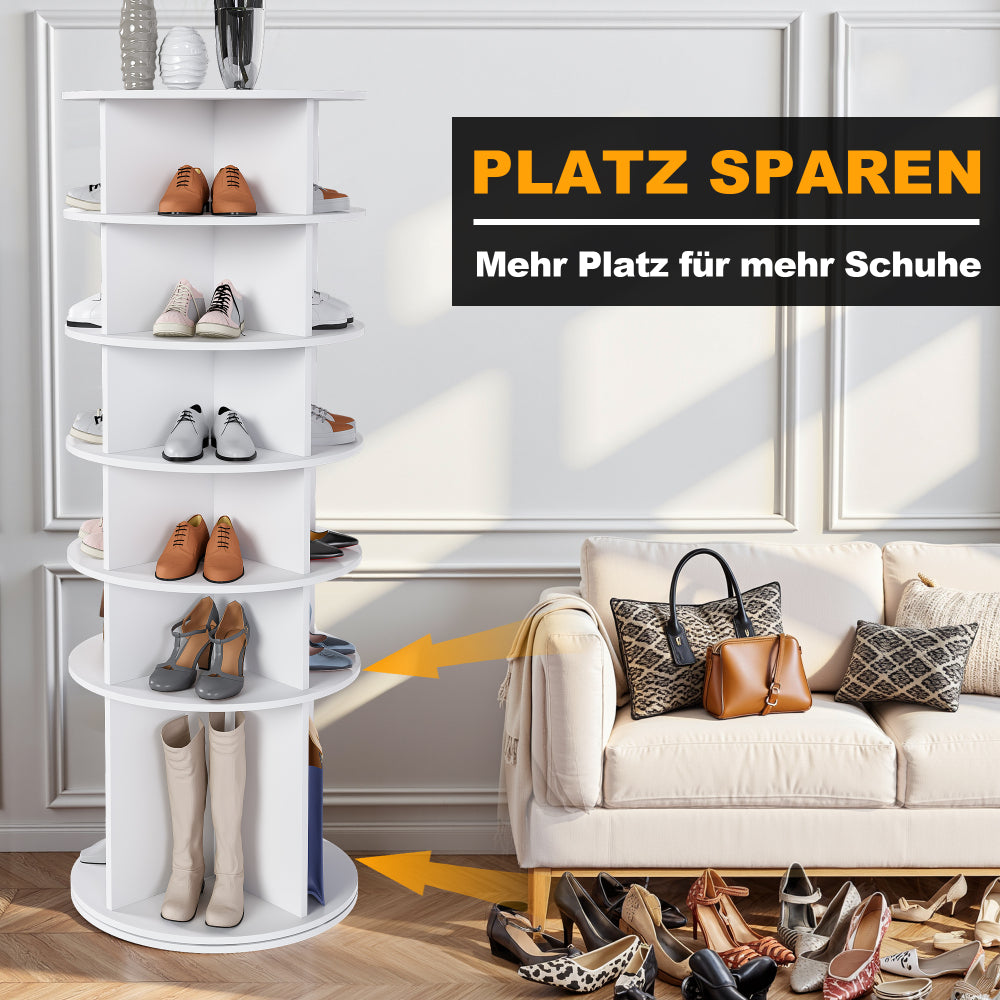 6-tier Rotating Shoe Rack | 360° Swivelling, Accommodates 24 Pairs of Shoes, Extra-High Base for Storing Boots, White, Metal, Floor Mount, Dimensions: 60x60x161cm
