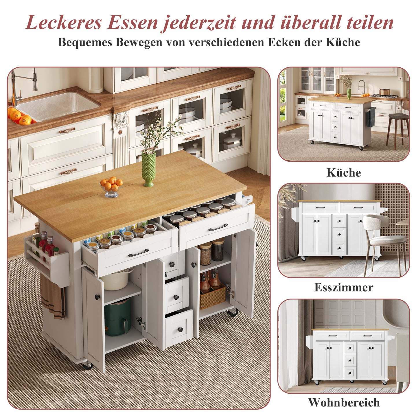 Keukentrolley – Keukenwagen – Serveerwagen – Keukenkast – Opbergkar – Uitschuifbaar Werkblad 120×65 cm – 5 Lades & 2 Kastjes