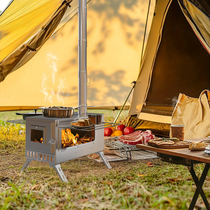 Draagbare Houtkachel – RVS Kachel – Kampeer Kachel – Backpack Kachel – Outdoor Kachel – Roestvrij Staal – Compact & Inclusief Accessoires – Silvery