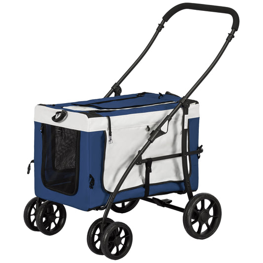 Dierenwagen – Hondenwagen – Huisdierenbuggy – Wandelwagen – Draagtas – Inklapbaar – Verstelbare Schouderband – Veiligheidsharnas – Geschikt voor Honden tot 10 kg – Stevige EVA-Wielen – Blauw