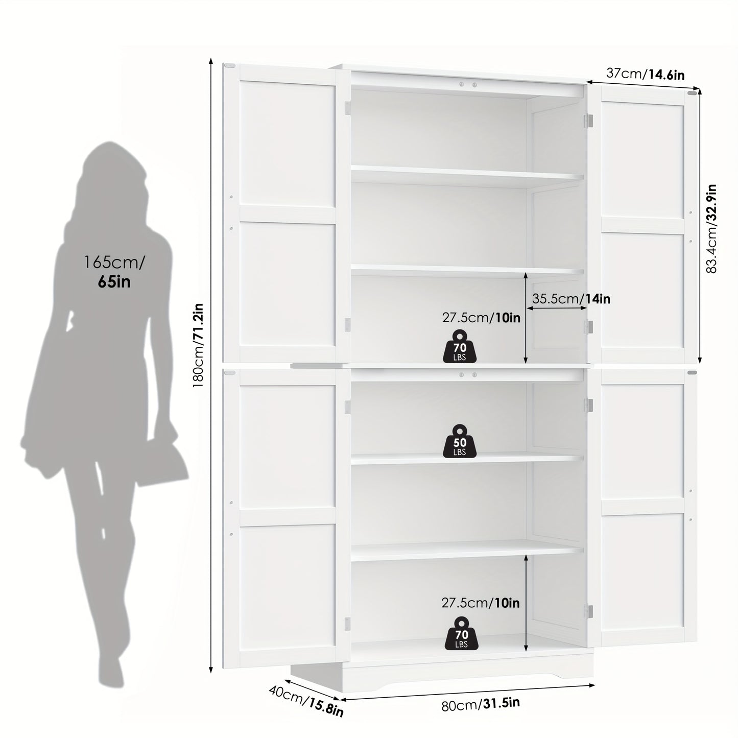 Opbergkast – Keukenkast – Dressoir – Wandkast – Kast Met Deuren – Modern Wit MDF – 180x80x40 cm – 6 Ruime Vakjes – Kras- En Waterbestendig