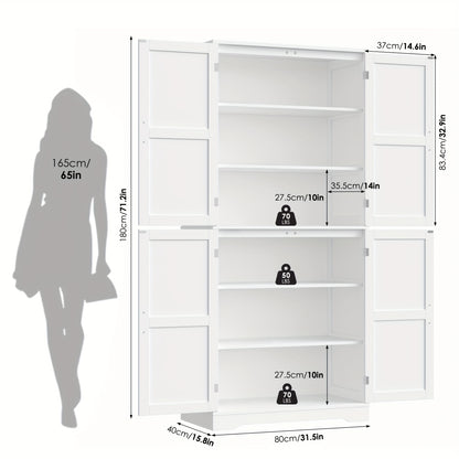 Opbergkast – Keukenkast – Dressoir – Wandkast – Kast Met Deuren – Modern Wit MDF – 180x80x40 cm – 6 Ruime Vakjes – Kras- En Waterbestendig