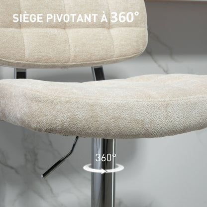 Barstoel – Barkruk – Barstoel Met Rugleuning – Keukenstoel – Barkruk Met Voetsteun – Verstelbare Hoogte 66-87 Cm – 360º Draaibaar – Bouclé Bekleding Beige
