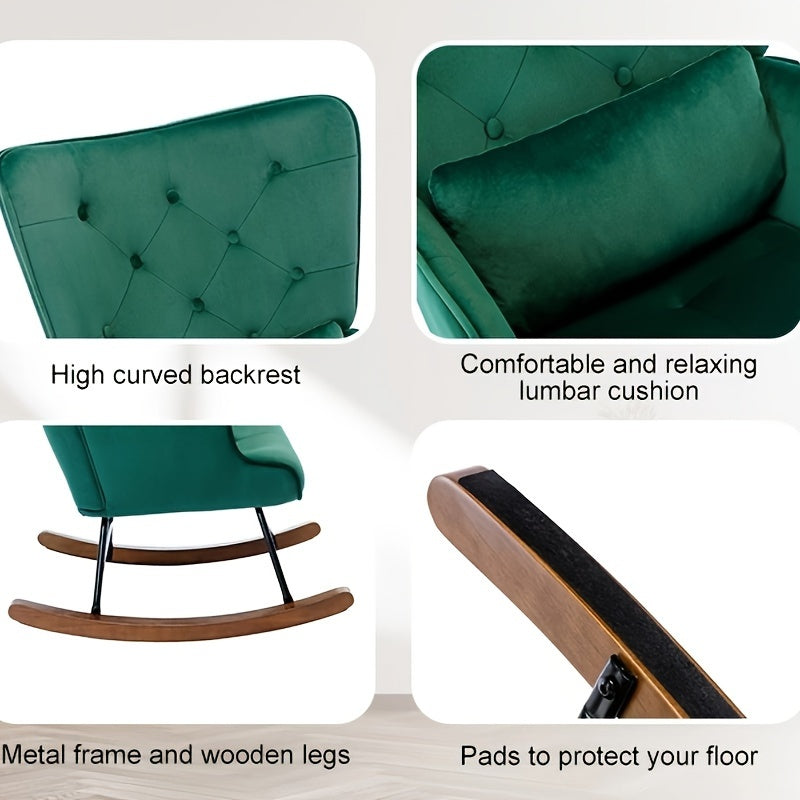 Schommelstoel – Relaxstoel – Fauteuil – Loungestoel – Voedingsstoel – Donkergroen – Velvet Bekleding – Houten Onderstel Met Metaal