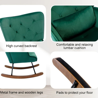 Schommelstoel – Relaxstoel – Fauteuil – Loungestoel – Voedingsstoel – Donkergroen – Velvet Bekleding – Houten Onderstel Met Metaal