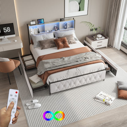 Tweepersoonsbed – Opbergbed – Bed met Lade – LED Hoofdbord – 180x200 cm – Fluweel Bekleed – USB Oplaadpoort – Luxe Beige