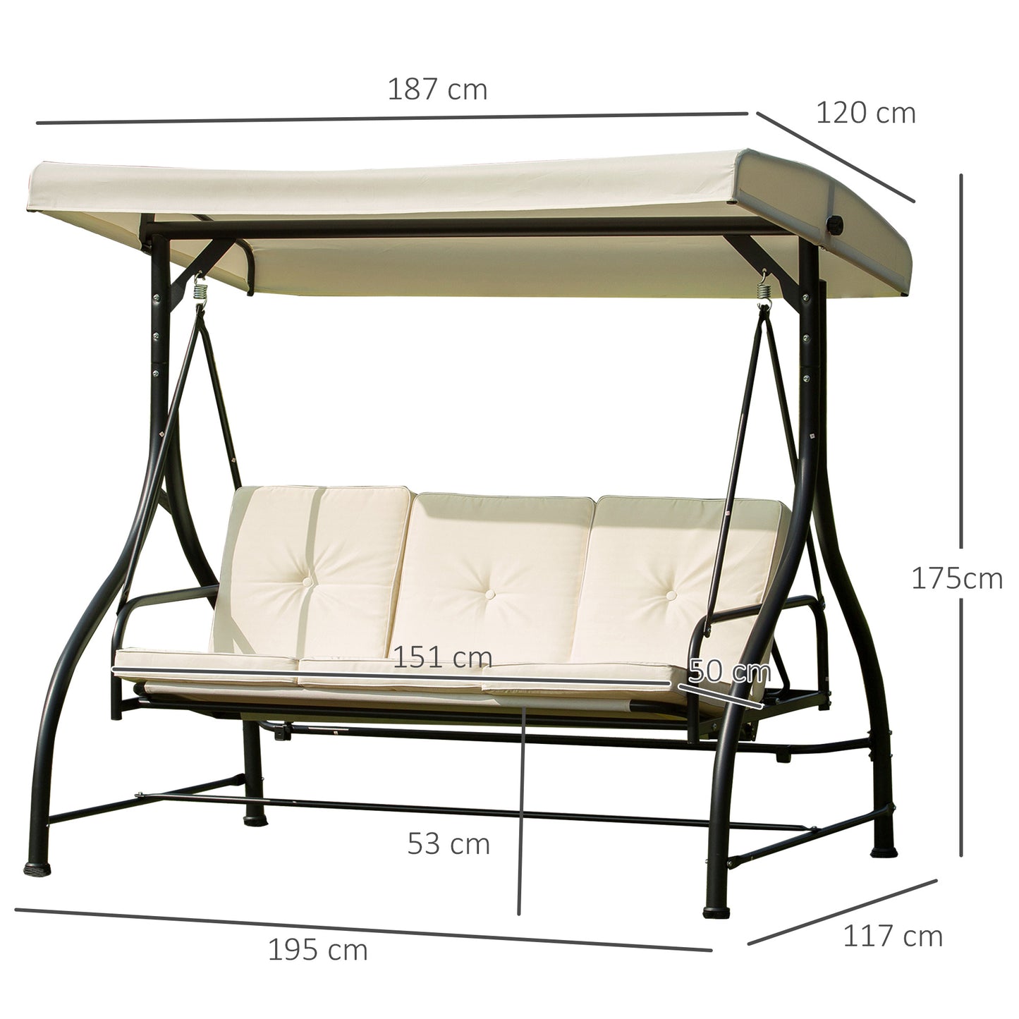 3-zits Tuinbank Schommel – Tuinbank Schommelbank – Buitenschommel – Tuinbank Ligbed – Licht Beige – Verstelbaar Zonnescherm – 8 cm Dik Kussen – Epoxy Gecoat Metaal