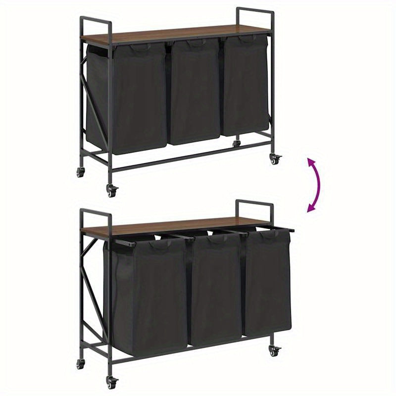 Wasmand – Wassorteerder – Wasbox – Opbergmand – Wasbak – 3 Vakken – Wieltjes – Stevig Bruin Eikenhout Frame – Duurzame Stof