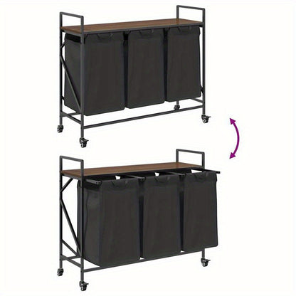 Wasmand – Wassorteerder – Wasbox – Opbergmand – Wasbak – 3 Vakken – Wieltjes – Stevig Bruin Eikenhout Frame – Duurzame Stof