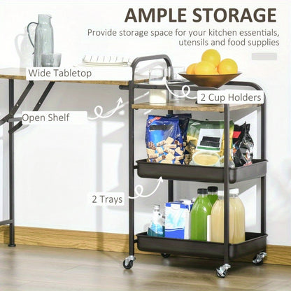Keukentrolley – Serveerwagen – Keukenwagen – Opbergtrolley – Trolley op Wielen – Opvouwbaar Werkblad – Stabiel Metaal – 2 Ruime Trays