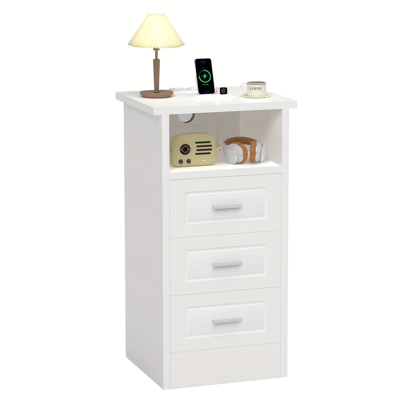 Nachtkast – Bijzettafel – Bedtafeltje – Opbergkast – Nachtkastje – Wit – 3 Lades + Open Vak – USB LED-Verlichting – Compact & Ruimtebesparend
