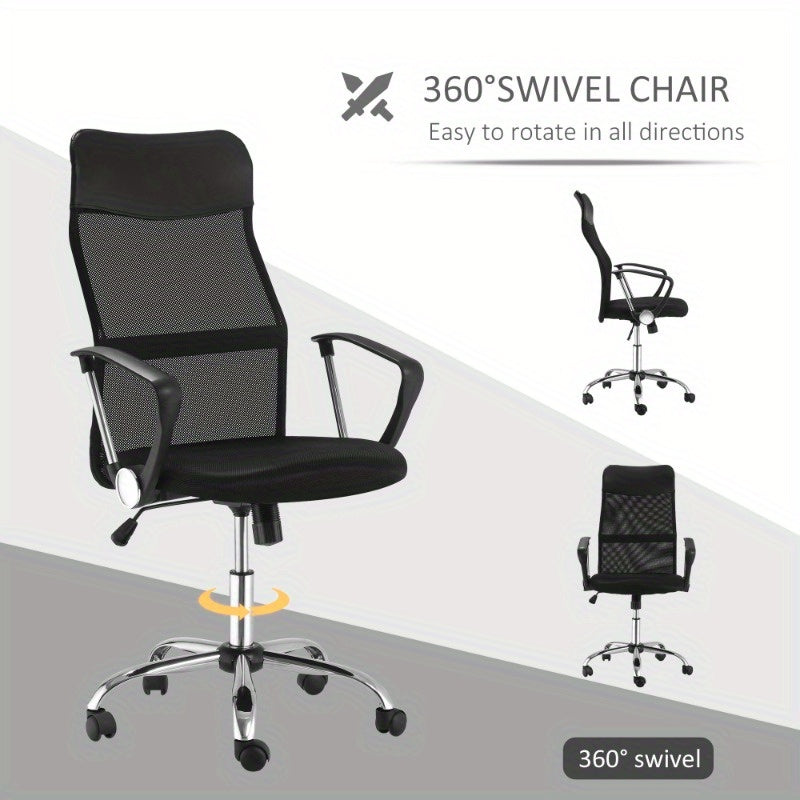 HOMCOM Ergonomic Office Chair Adjustable Height Mesh Computer Desk Chair with 360° Swivel & Tilt Tension Control, Breathable Black Mesh Backrest & Metal Frame, Manual Operation for Home Office & Gaming, Office Desk Chair, St